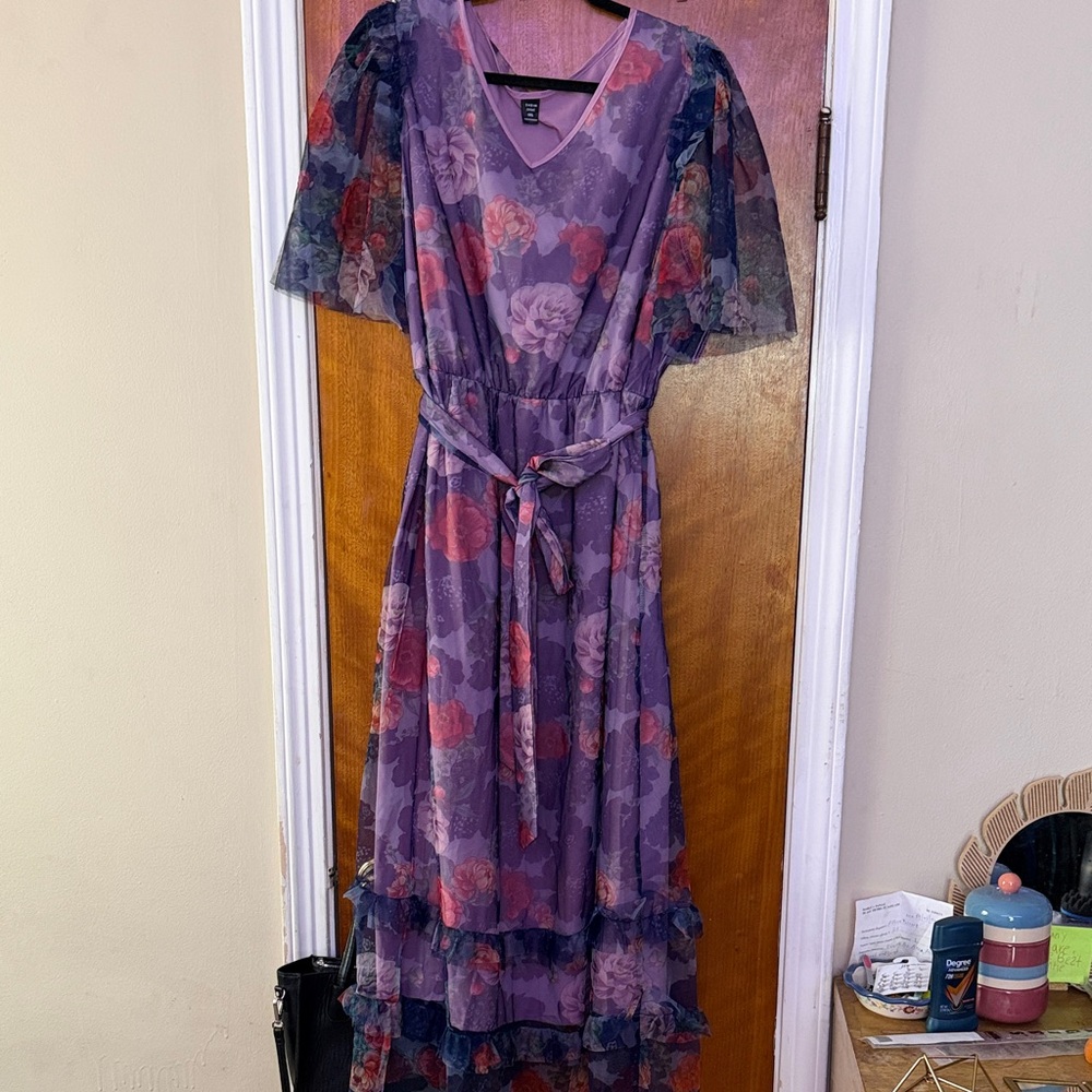 SHEIN Purple Floral Tiered Maxi Dress with Tie Waist